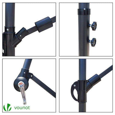 Black metal patio umbrella stand with crank handle and adjustable joints for easy height on cantilever shanghai parasol