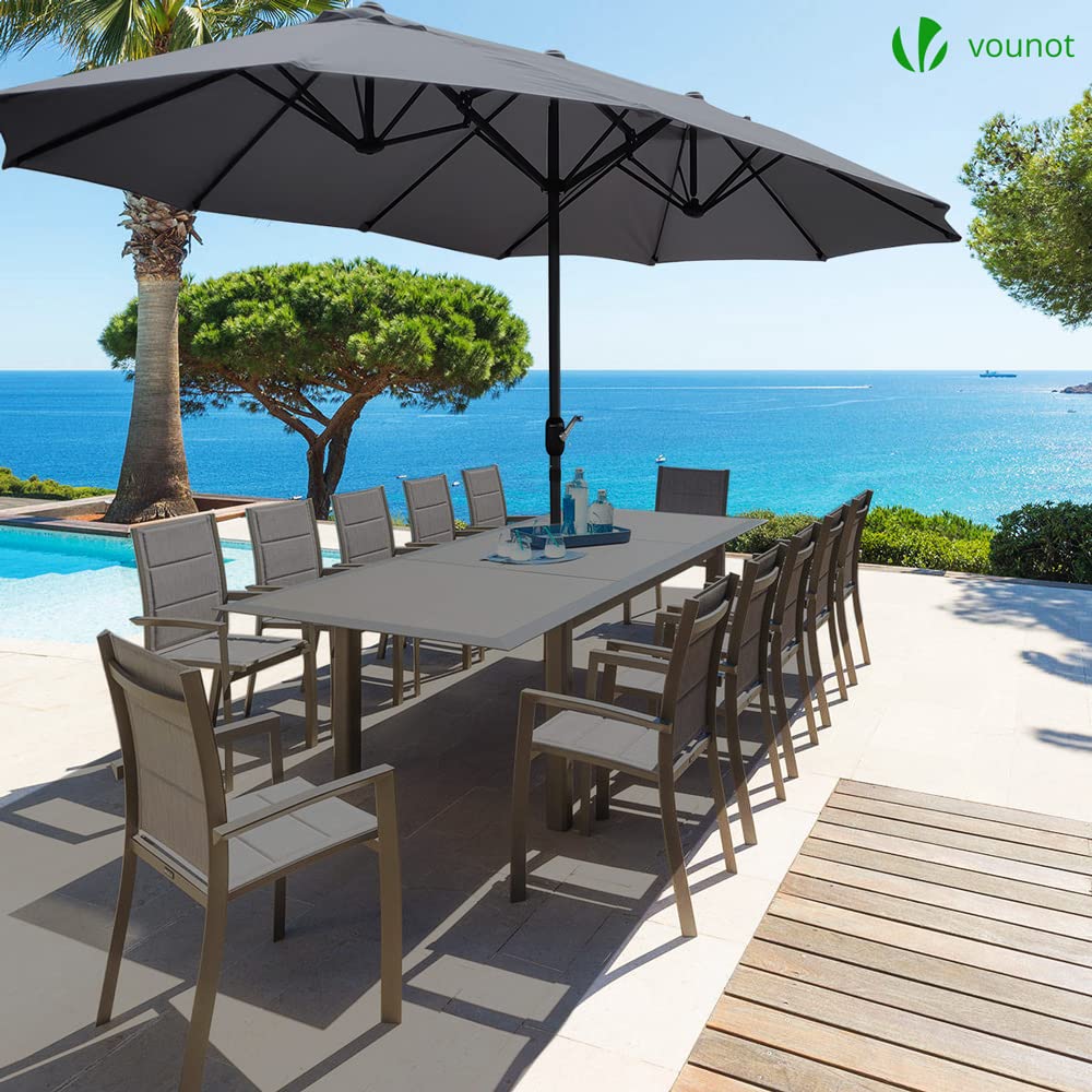 Gray extra large garden parasol by vounot with crank handle over matching outdoor dining set with weather-resistant chairs