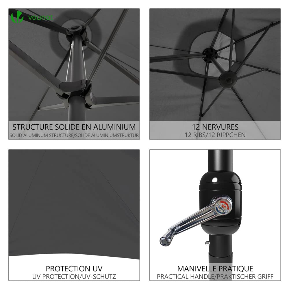 Black vounot extra large double garden parasol with solid aluminum frame 12 ribs uv protection and crank handle