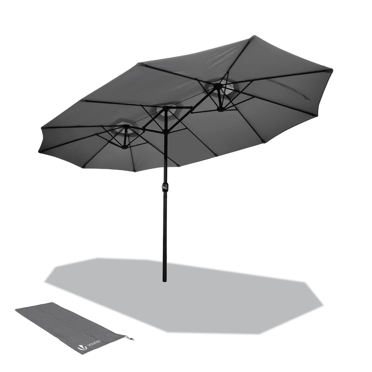 Black double garden parasol with sturdy metal frame and matching carrying bag for extra large patio use