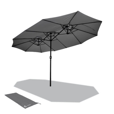 Black double garden parasol with sturdy metal frame and matching carrying bag for extra large patio use