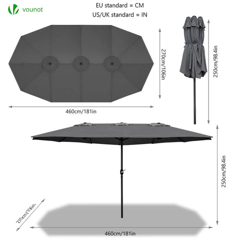 Dark gray extra large garden parasol with black pole and adjustable height crank handle for outdoor use