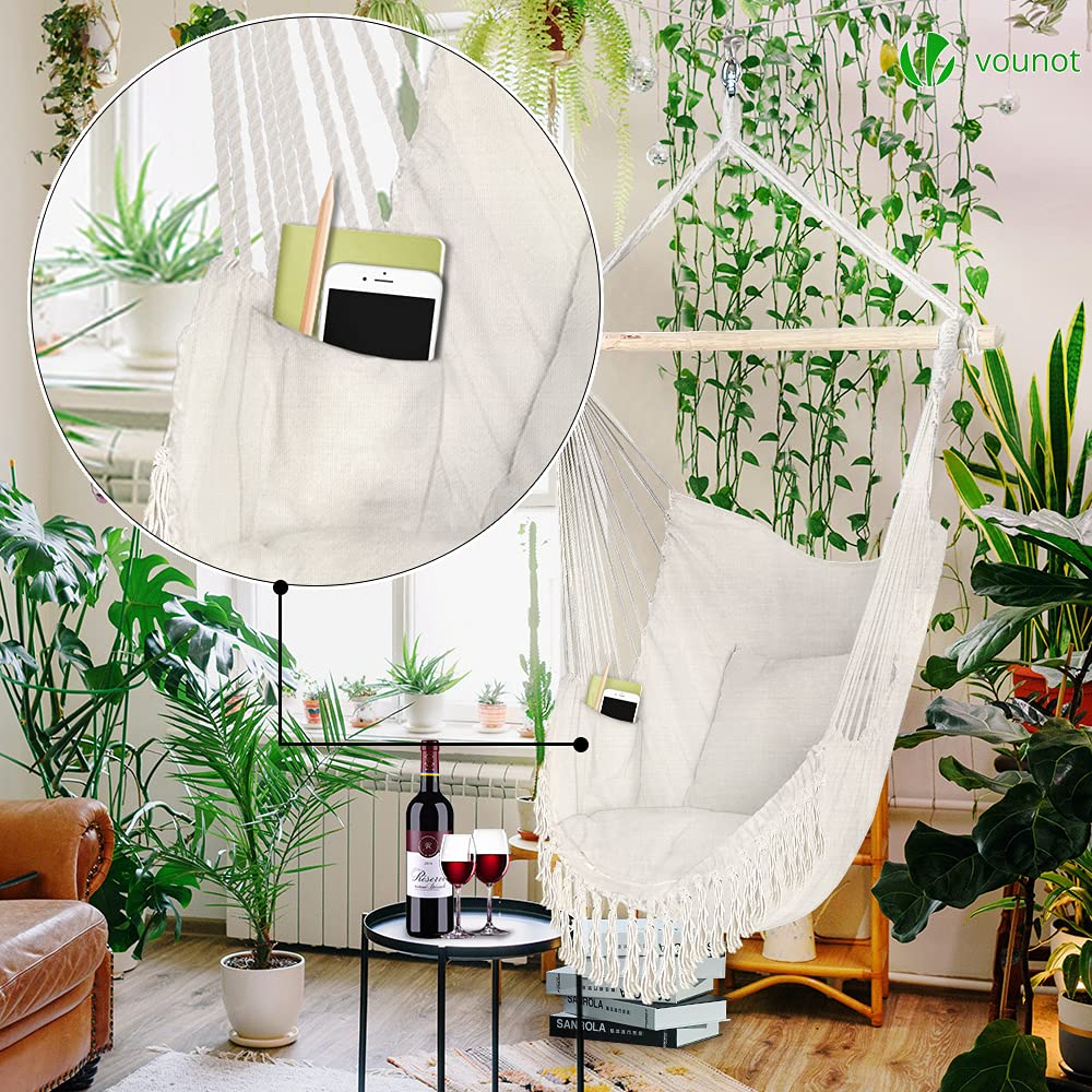 Beige vounot hanging chair macrame hammock swing chair with fringe detailing and built in pocket for small items