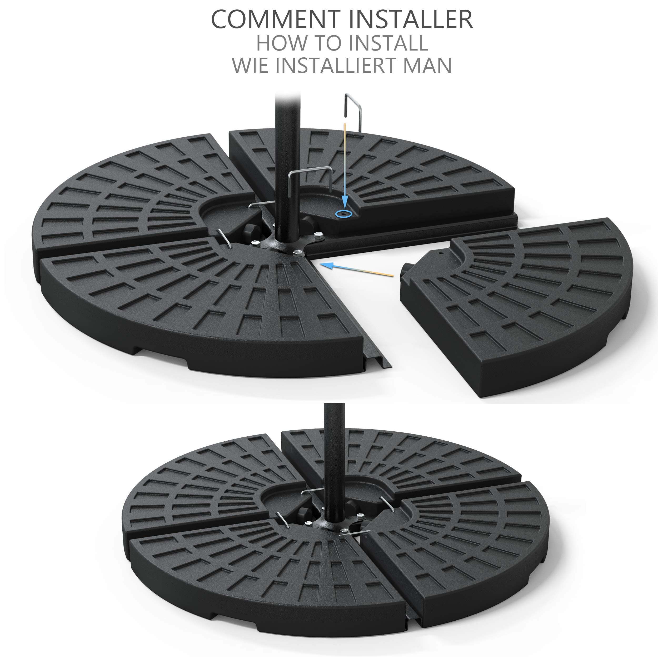 Black plastic parasol base weights with segmented ribbed design for stability perfect for banana parasol stands