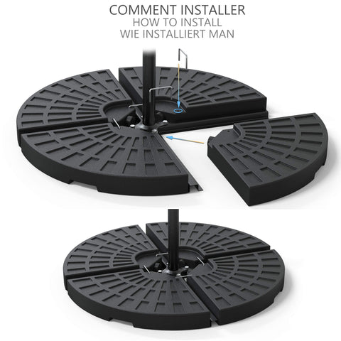 Black plastic parasol base weights with segmented ribbed design for stability perfect for banana parasol stands