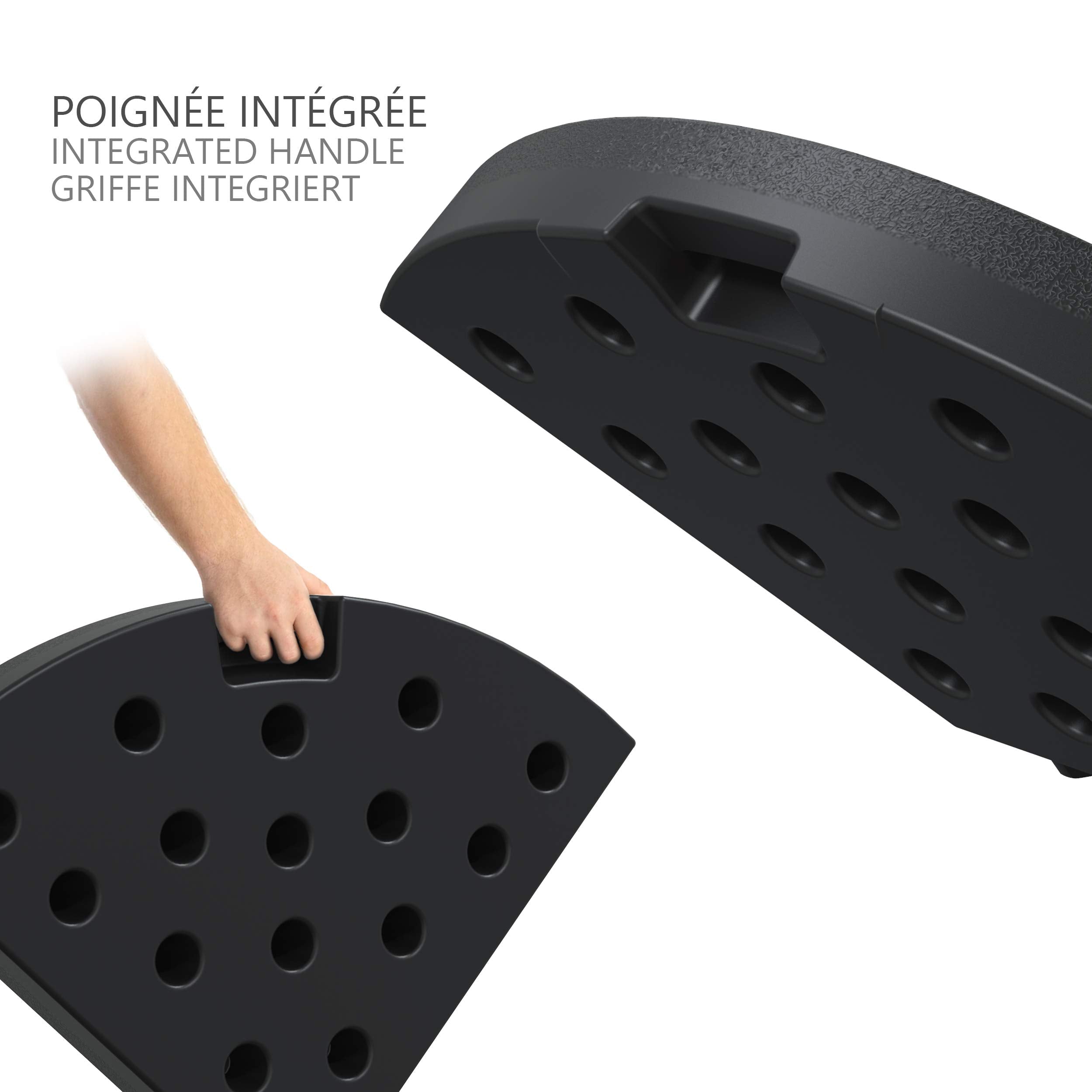 Black plastic half-circle parasol base weight with handle and perforations for banana parasol stability