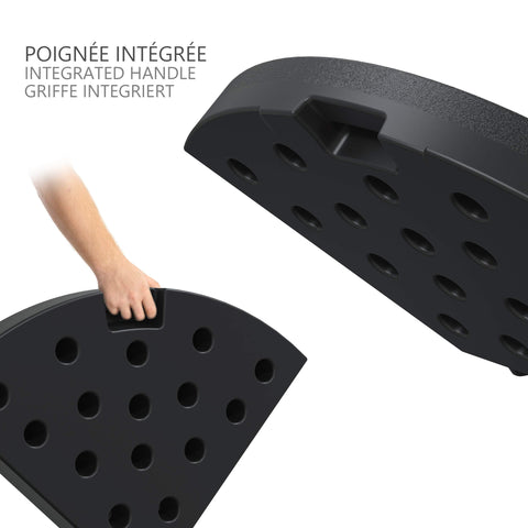 Black plastic half-circle parasol base weight with handle and perforations for banana parasol stability