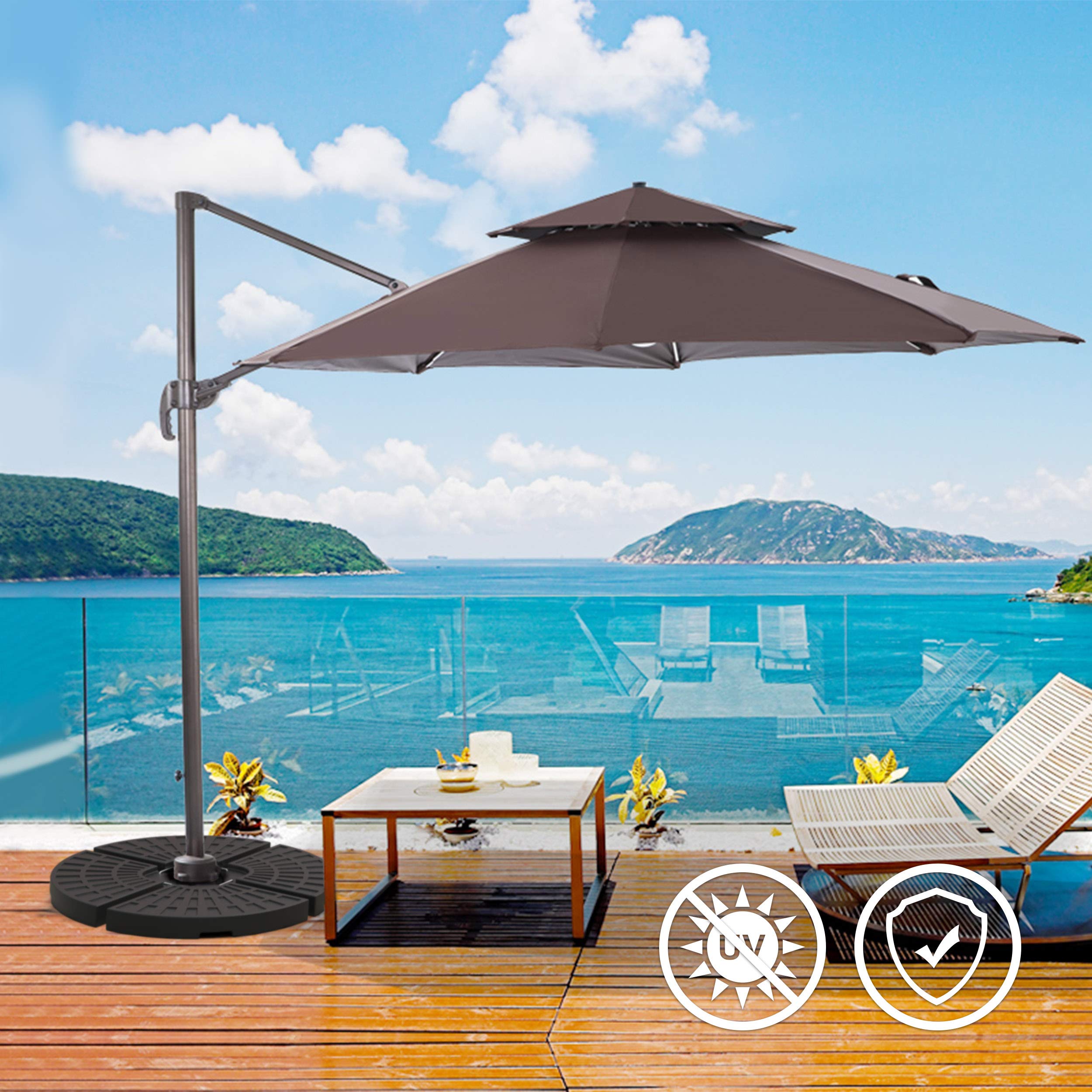 Brown two-tiered cantilever banana parasol with sleek metal frame and black parasol base weights from vounot set of 4