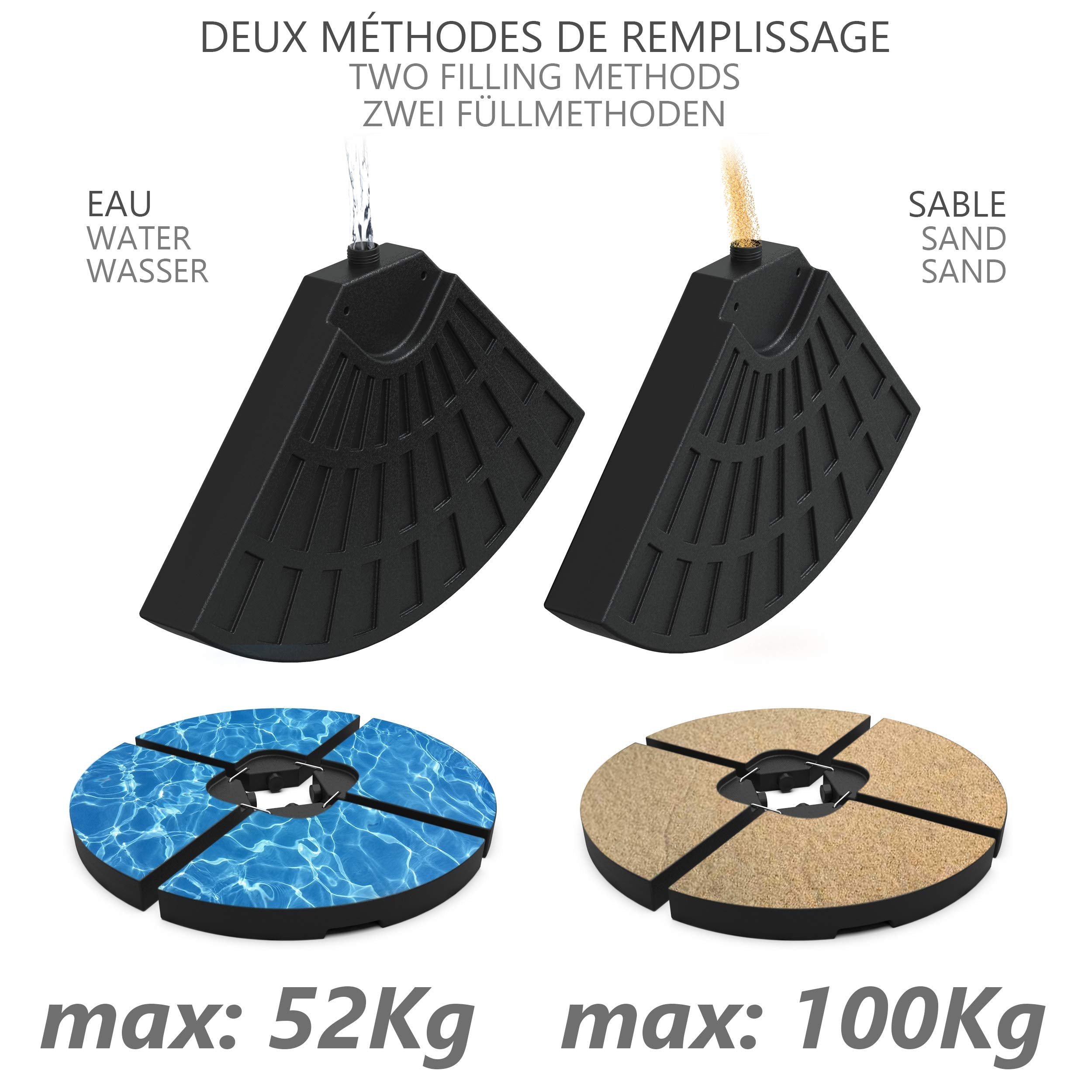 Black plastic VOUNOT parasol base weights with water or sand filling and round base for banana parasol use