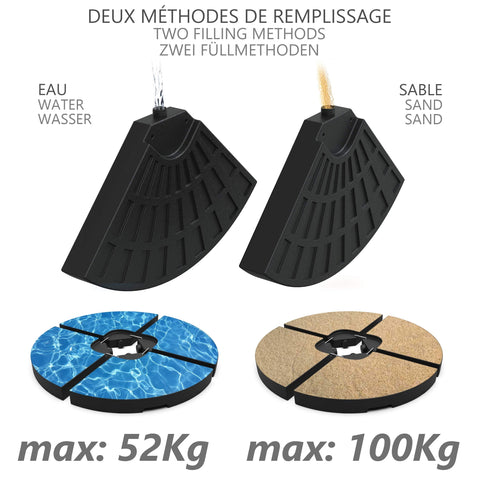 Black plastic VOUNOT parasol base weights with water or sand filling and round base for banana parasol use