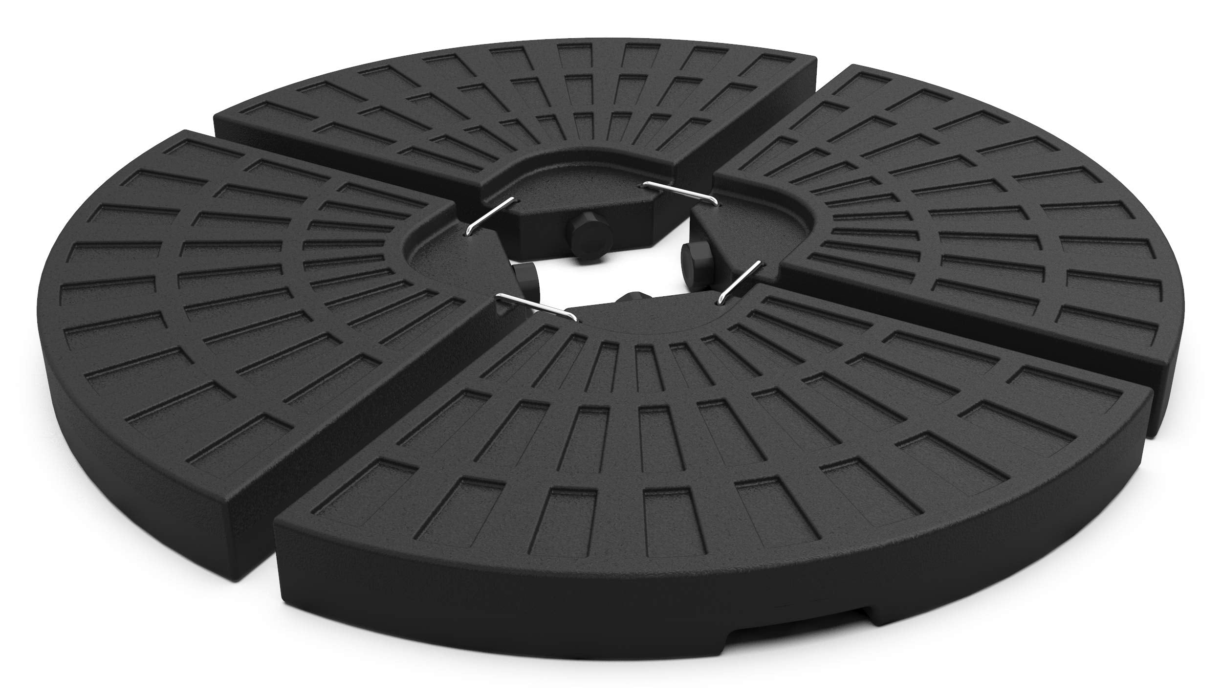 Black three-segmented parasol base weights with textured surface and metal clamps for banana parasol support