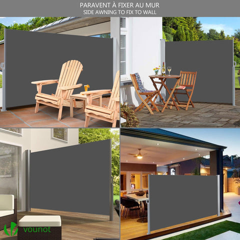 Vounot side awning retractable outdoor privacy screen in dark gray with sturdy metal frame and sleek fabric panel