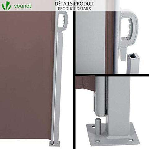 Silver metal frame with brown fabric panel side awning retractable outdoor privacy screen with sturdy handle and bracket