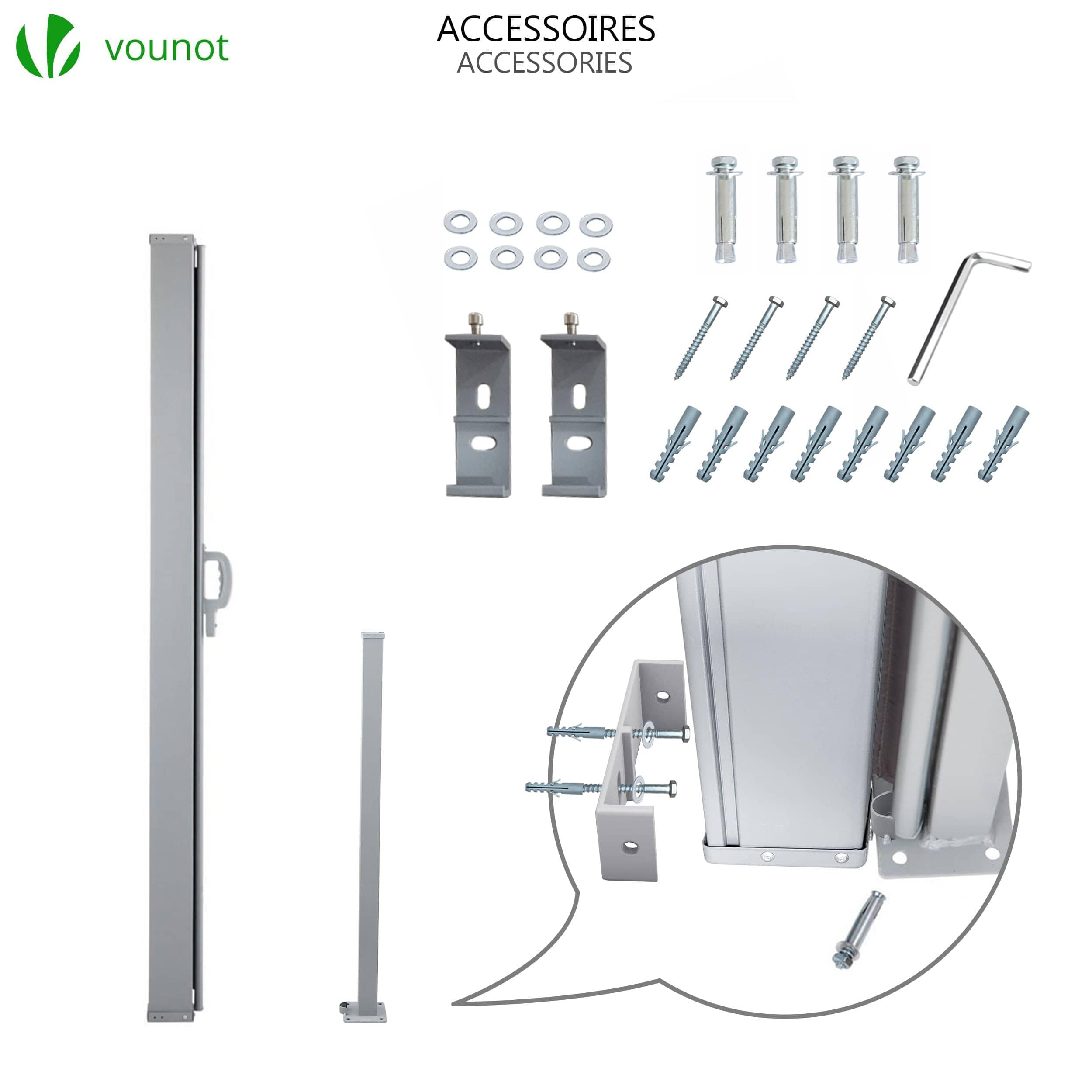 Silver metallic outdoor privacy screen frame with mounting hardware kit for vounot awning retractable side screen in grey