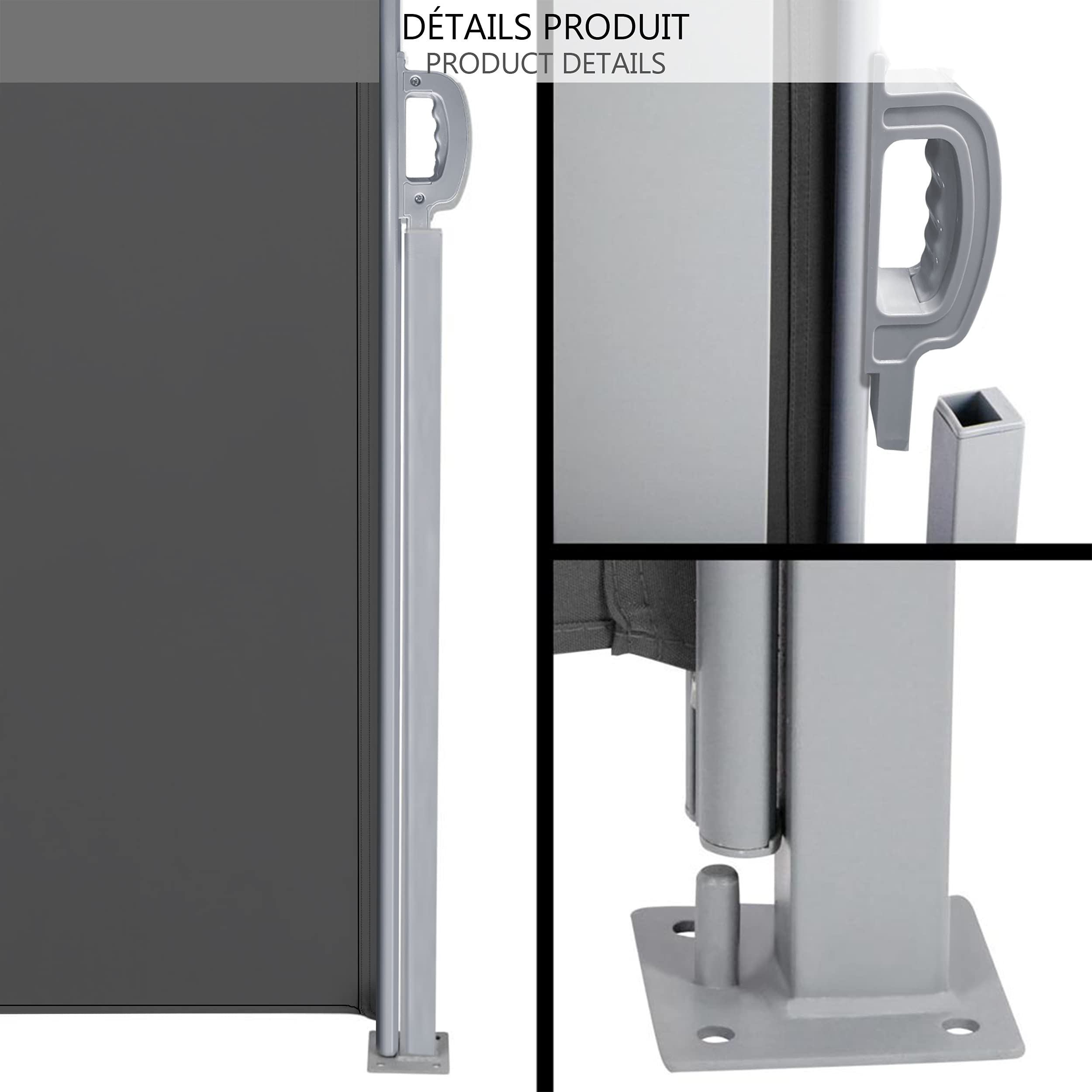 Gray metal outdoor privacy screen stand with sturdy base and handle for easy setup in vounot awning retractable