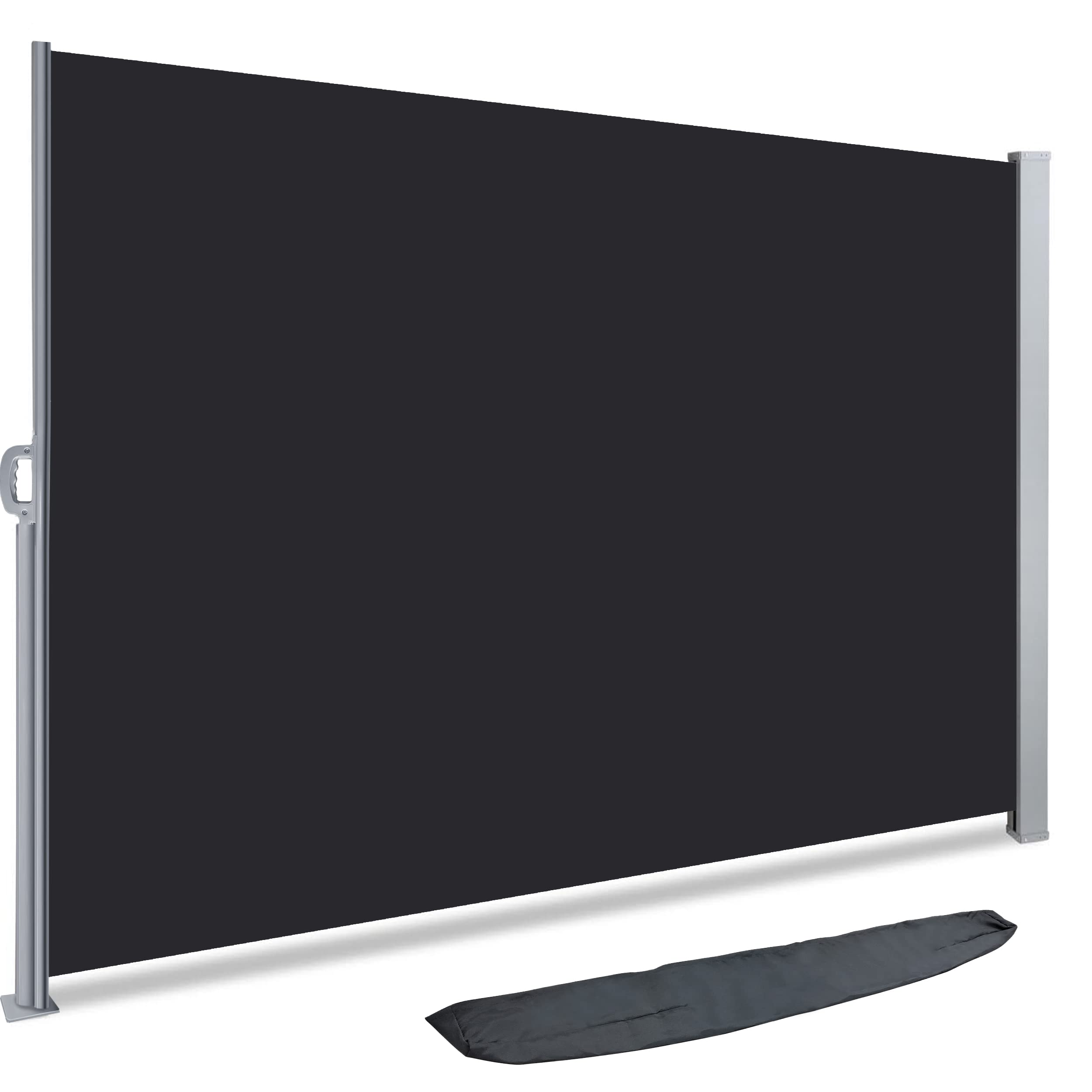 Anthracite black fabric outdoor privacy screen with silver metal frame and matching storage bag for garden use