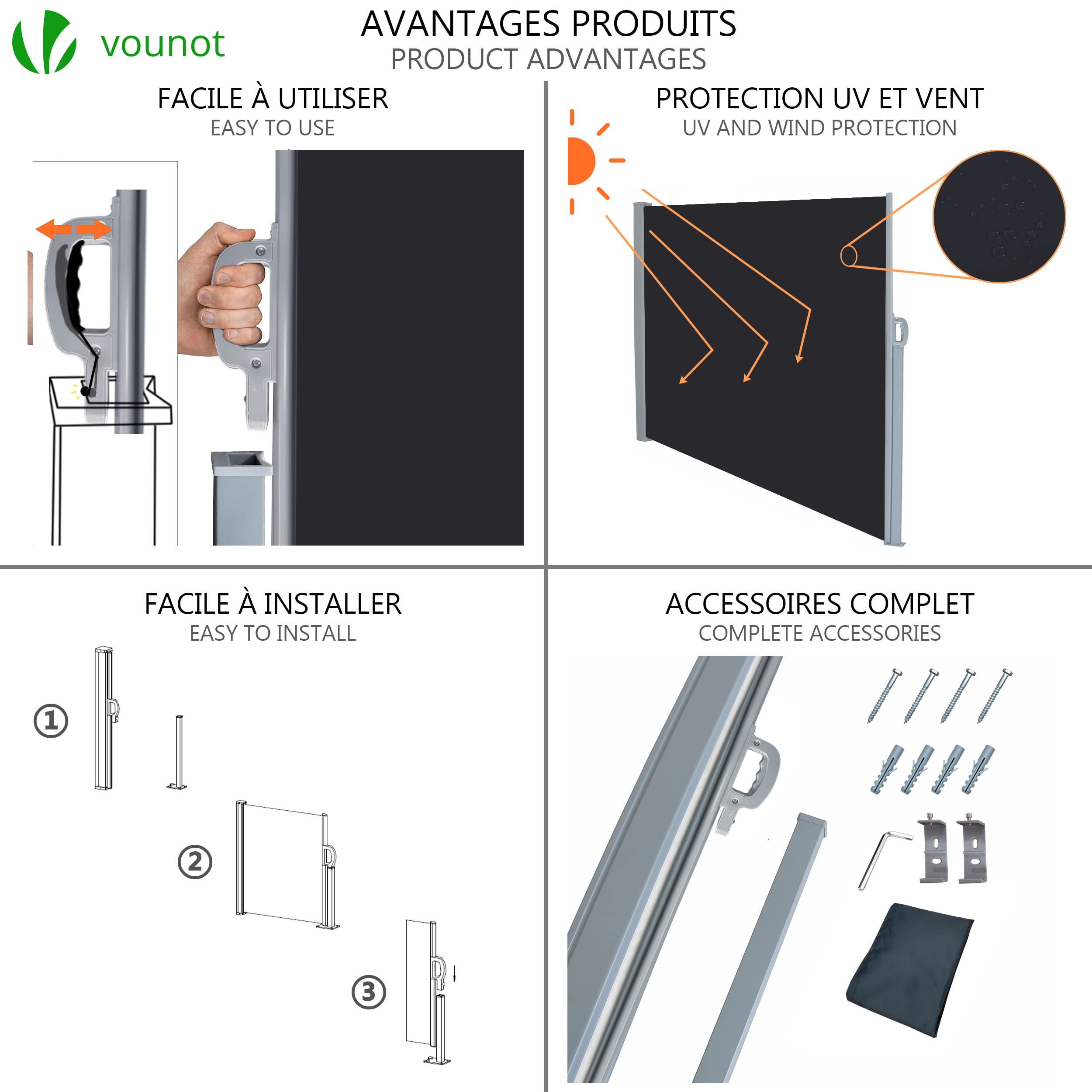 Black fabric outdoor privacy screen with silver metal frame and mounting hardware for high quality awning retractable use