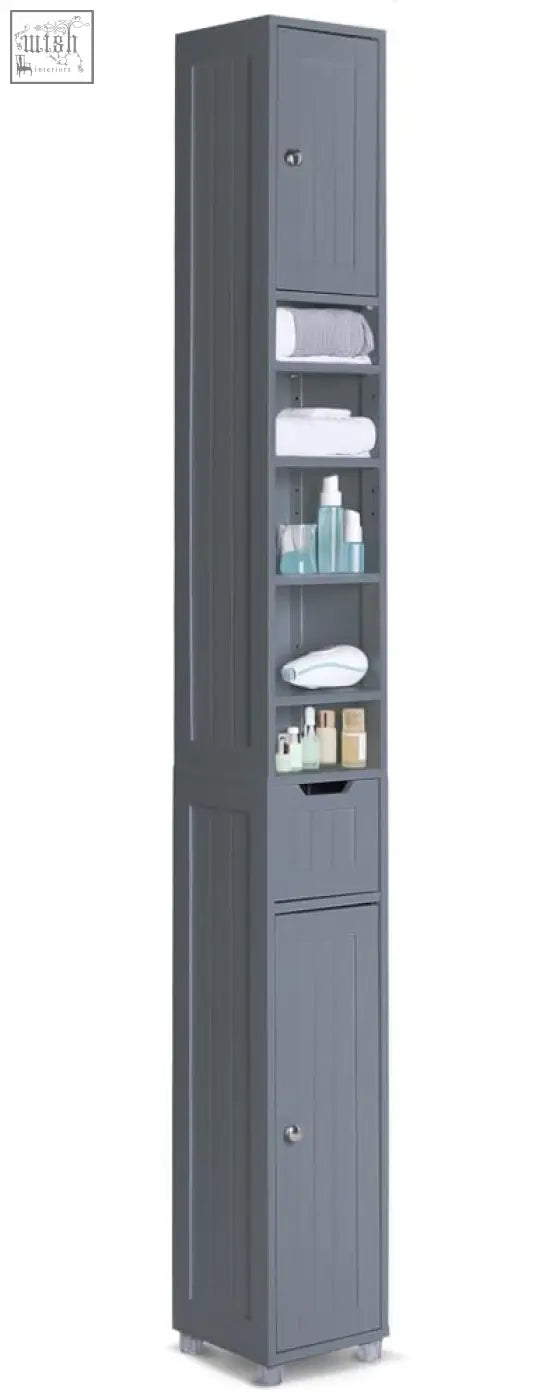 Gray wooden vounot tall bathroom storage cabinet with adjustable shelf drawer and doors for living room 20x20x180cm
