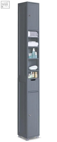 Gray wooden vounot tall bathroom storage cabinet with adjustable shelf drawer and doors for living room 20x20x180cm