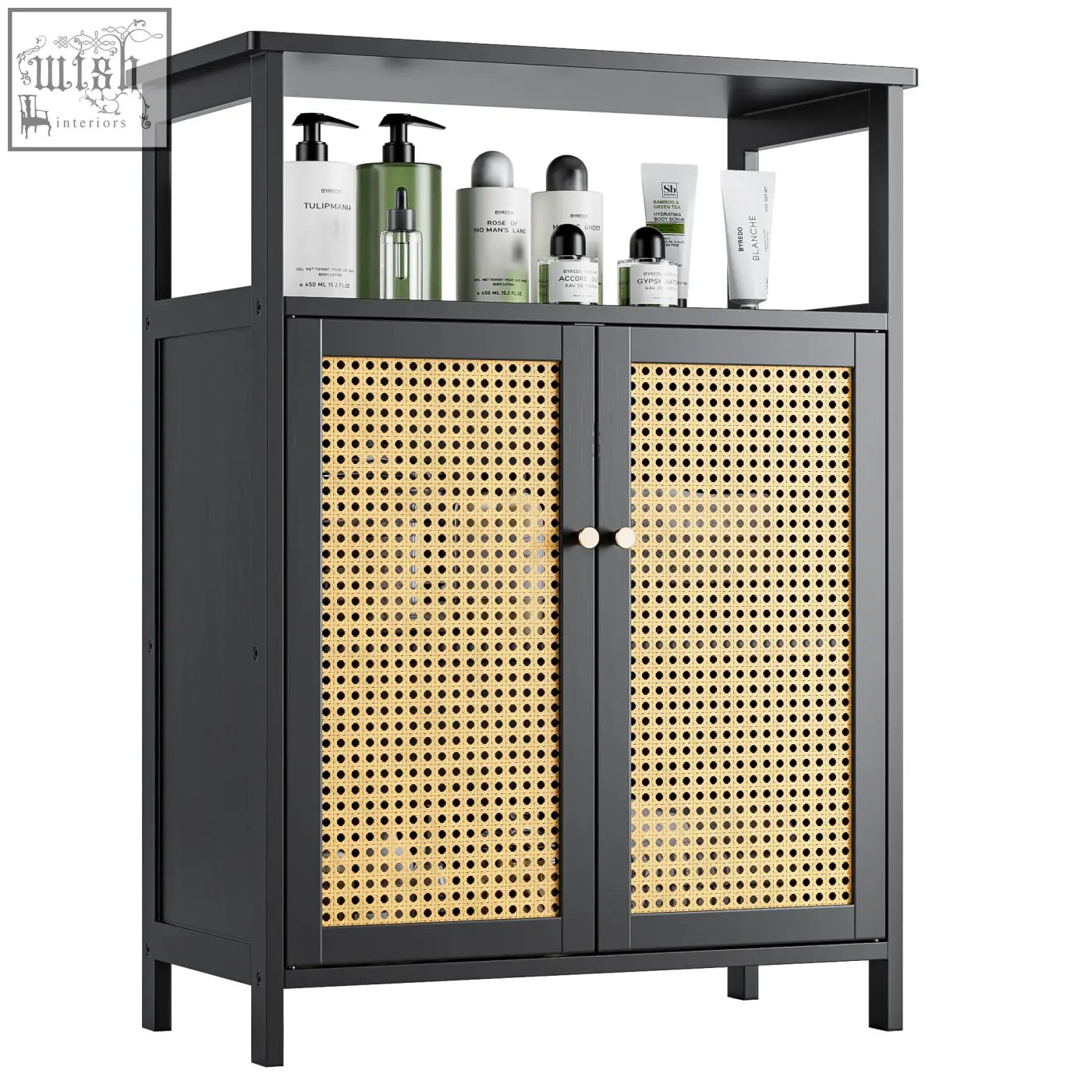 Black-framed vovala bamboo floor rattan cabinet with woven cane doors and round wooden knobs for bathroom storage