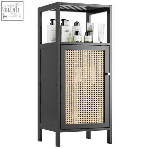 Black-framed vovala bamboo floor rattan cabinet with woven cane door and open shelf for small bathroom storage