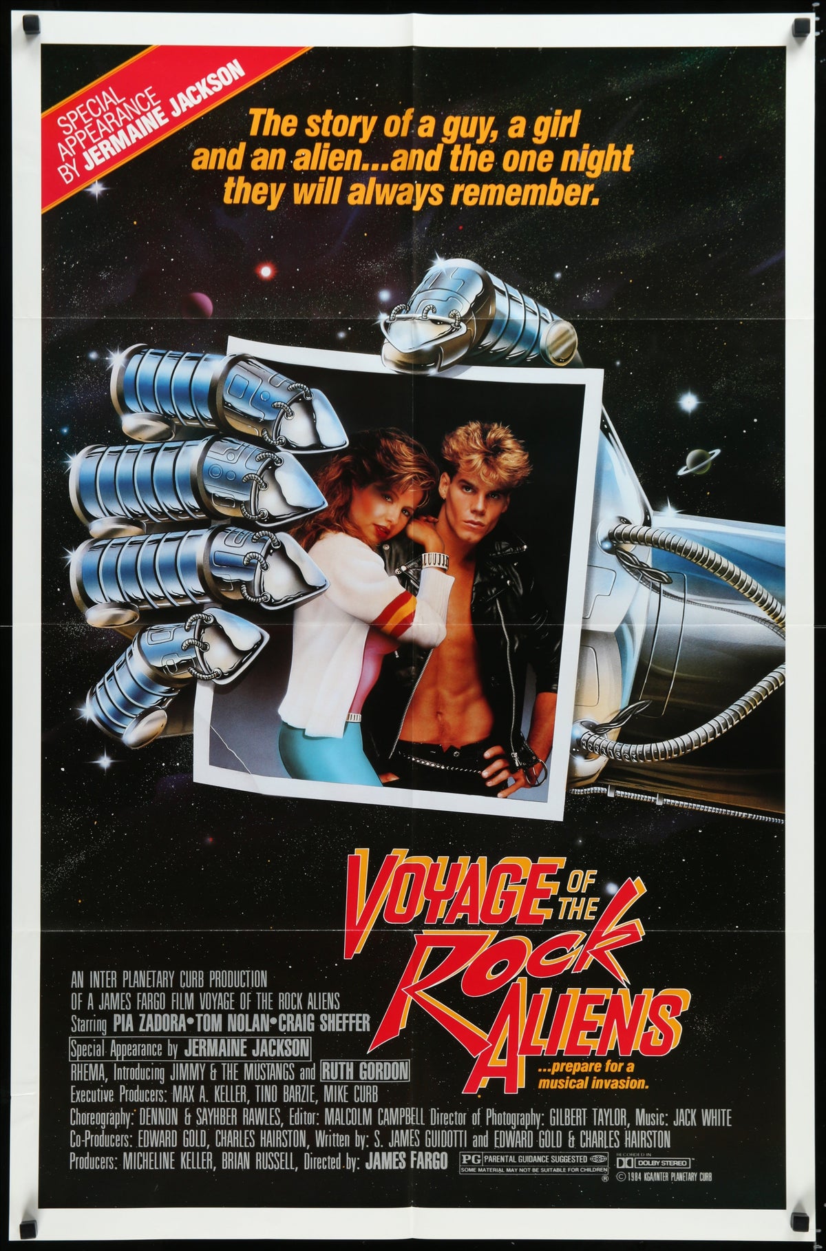 Voyage of the rock aliens 1984 original us one sheet movie poster with metallic silver robotic arms holding a framed photo