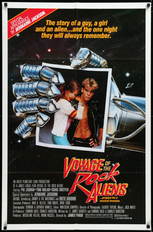 Voyage of the rock aliens 1984 original us one sheet movie poster with metallic silver robotic arms holding a framed photo