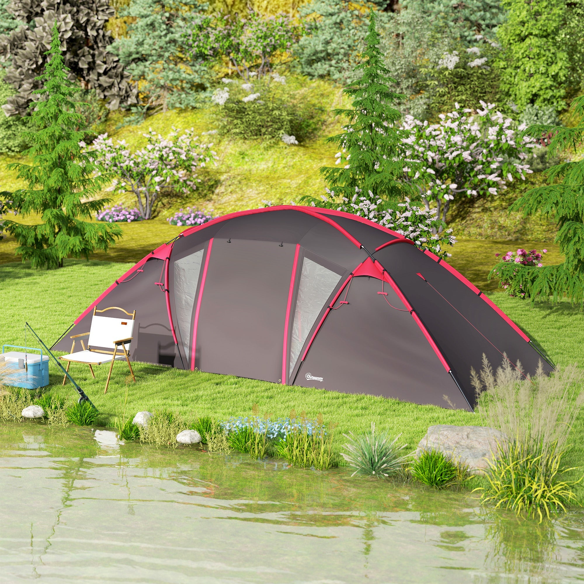 Outsunny 4-6 Man Family Camping Tent w/ 2 Bedrooms and a Living Room, Waterproof Tunnel Tent w/ Sewn In Groundsheet, Doors, Windows, Carry Bag, Grey