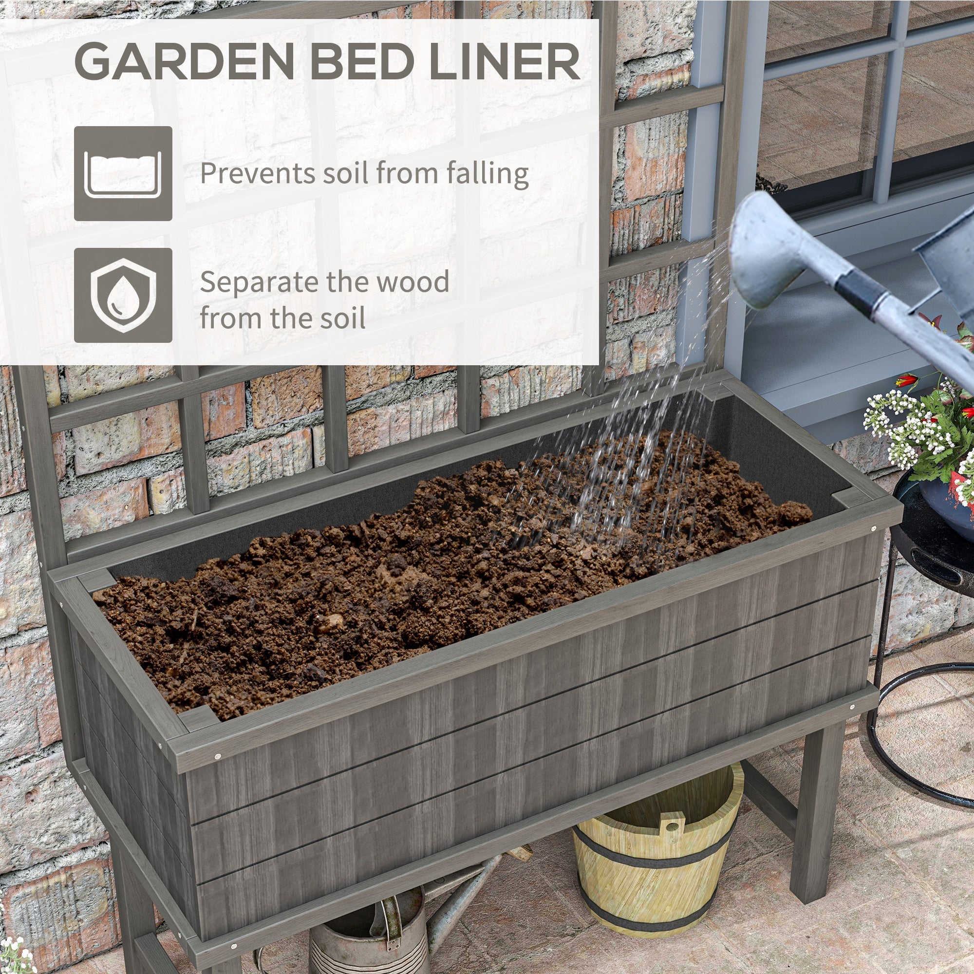 Outsunny 45 x 105cm Wooden Garden Planter, with Trellis - Grey