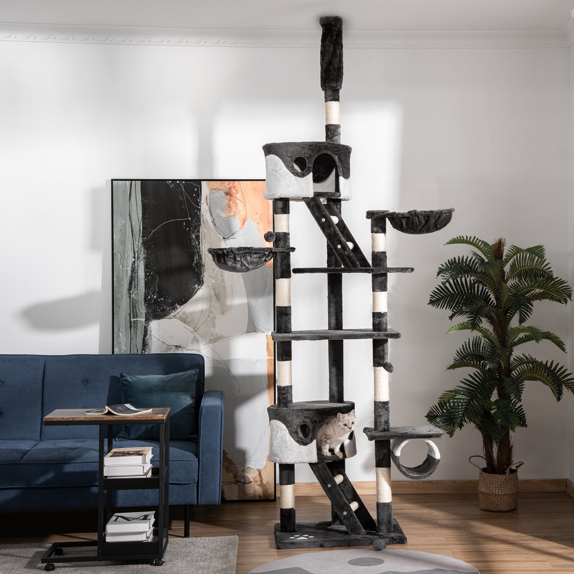 PawHut Floor-to-Ceiling Cat Tree for Indoor Cats, 240-260cm Adjustable Cat Tree - White