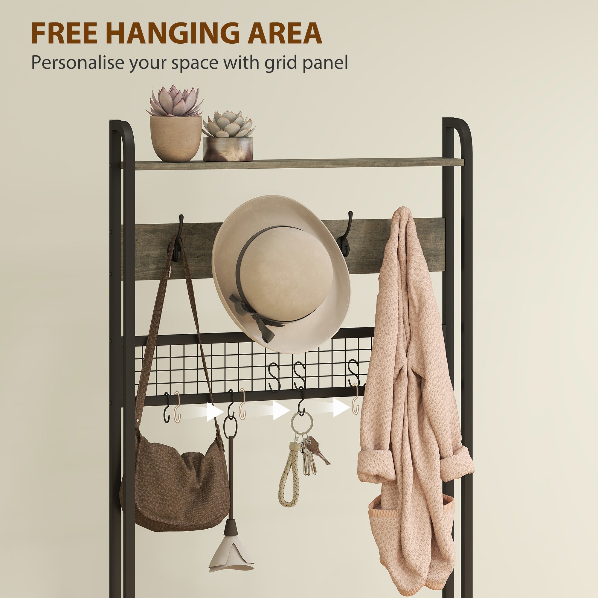 HOMCOM 5-In-1 Industrial-Style Hallway Tree - Grey/Black