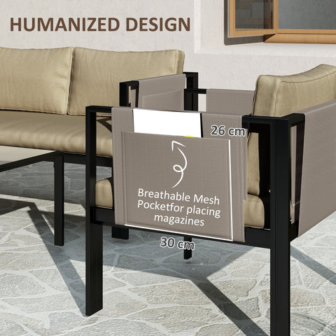 Outsunny 4 Piece Metal Garden Furniture Set with Tempered Glass Coffee Table, Texteline Pocket, Outdoor Set Loveseat Single Armchairs with Padded Cushions, Khaki