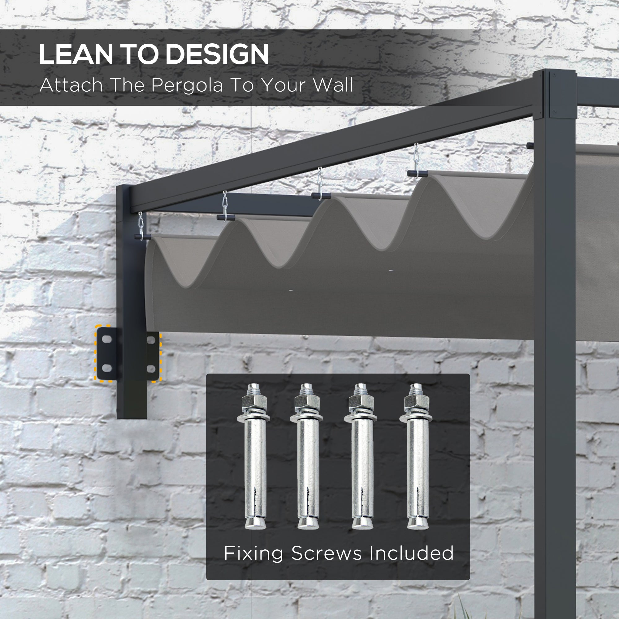 Outsunny 3 x 4m Lean To Steel Pergola, with Moving Fabric Canopy - Dark Grey