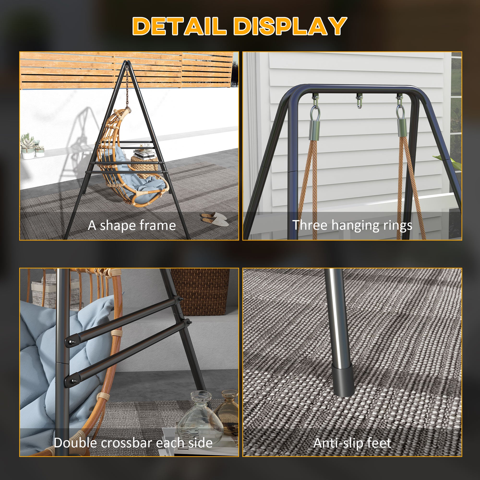 Outsunny Hammock Chair Stand, Hanging Heavy Duty Metal Frame Hammock Stand for Hanging Hammock Air Porch Swing Chair, Egg Chair, Black