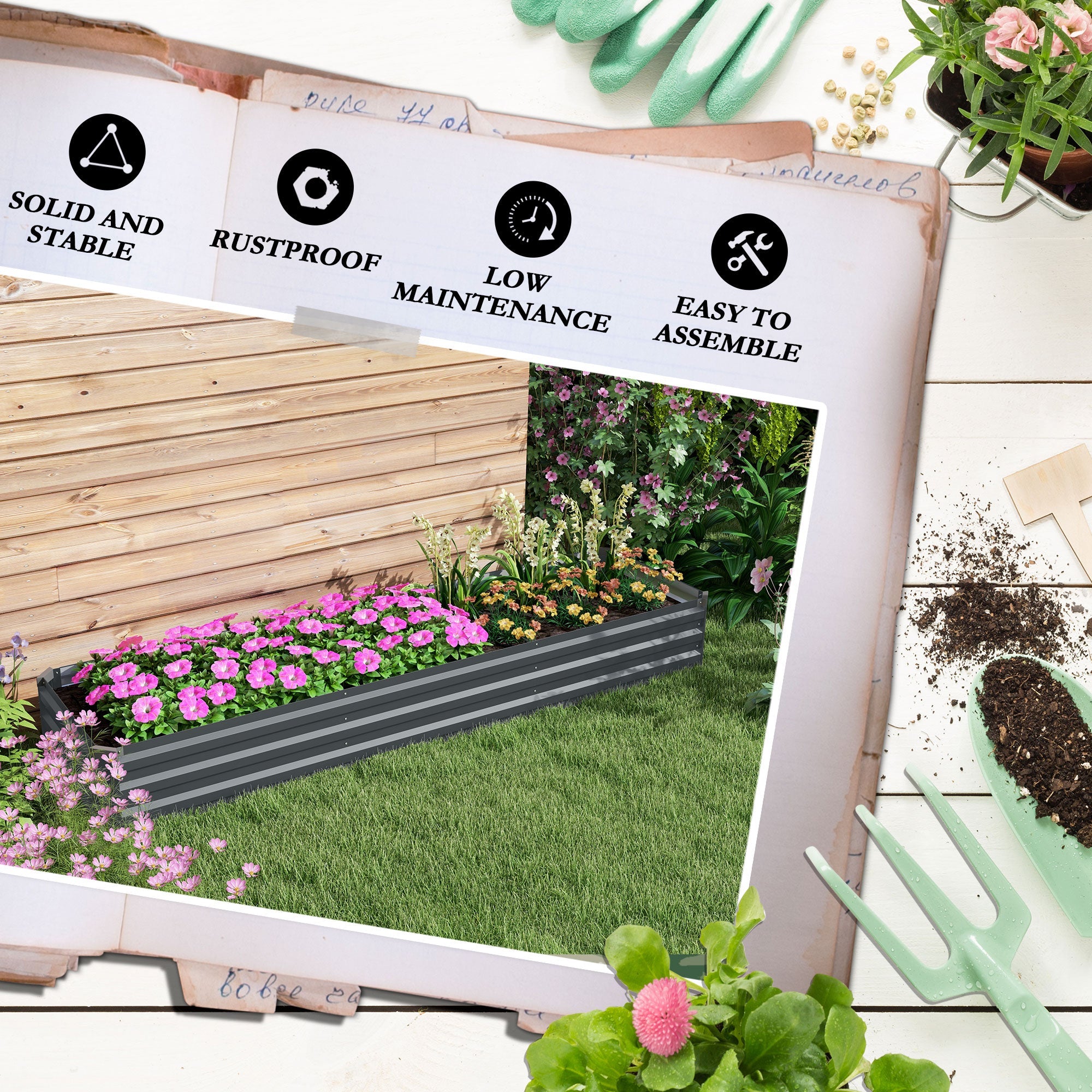 Outsunny 60 x 240cm Galvanised Steel Planter, with Open Bottom, Pack of 2