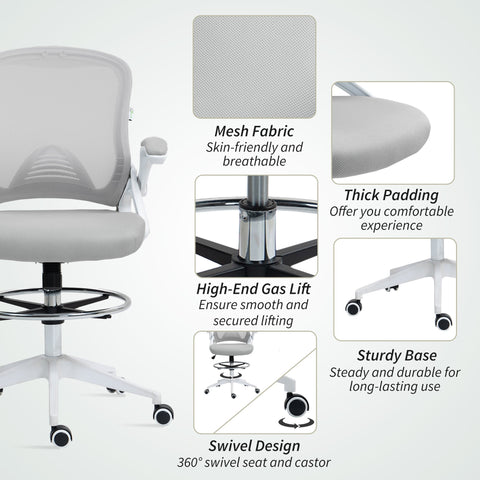 Vinsetto Drafting Chair with Flip-up Armrest, Mesh Office Stool with Foot Ring, 360° Swivel Height Adjustable Chair for Standing Desk, Light Grey
