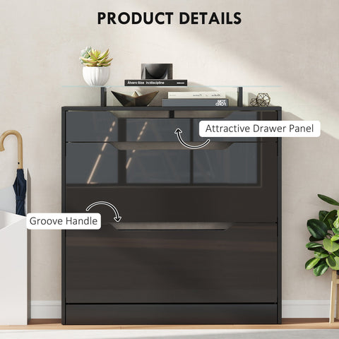HOMCOM Shoe Storage Cabinet with Slide Out Drawer, 2 Flip Doors, Tempered Glass Top - Black