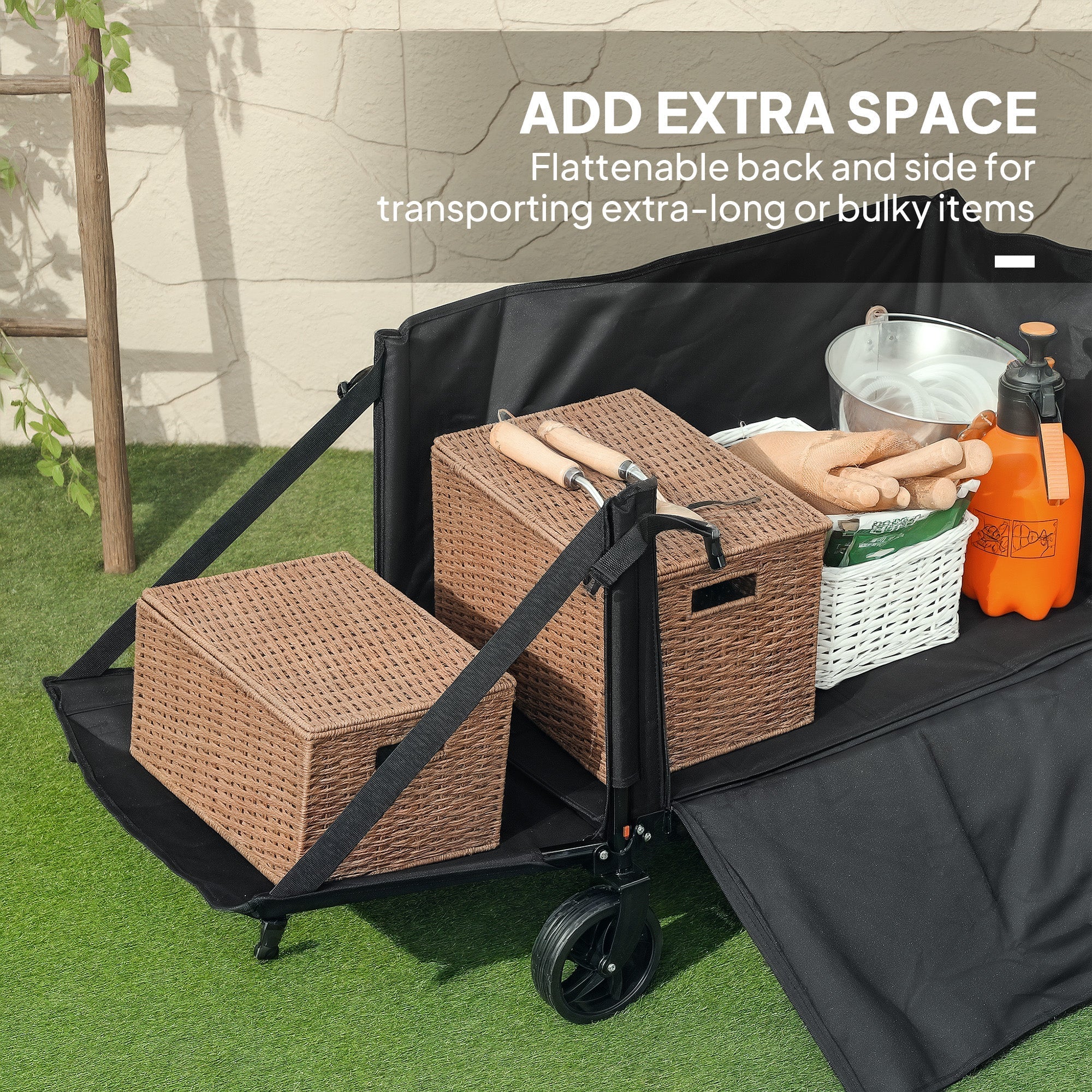 Outsunny Folding Trolley on Wheels, 150L Collapsible Wagon Festival Trolley Cart with Openable Sides, Adjustable Handle and Brakes for Shopping Camping Beach and Garden, Black