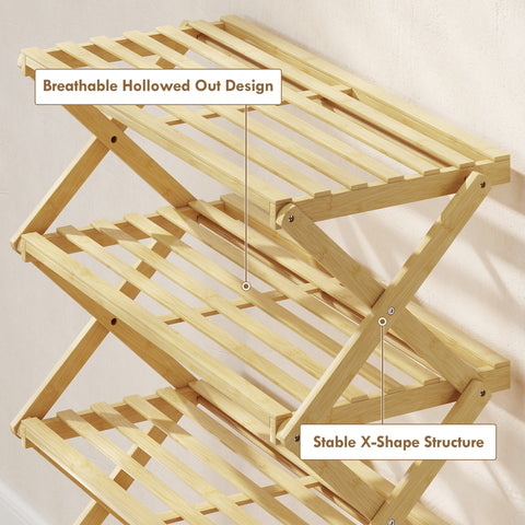 HOMCOM Five-Tier Folding Bamboo Shoe Rack - Natural Finish