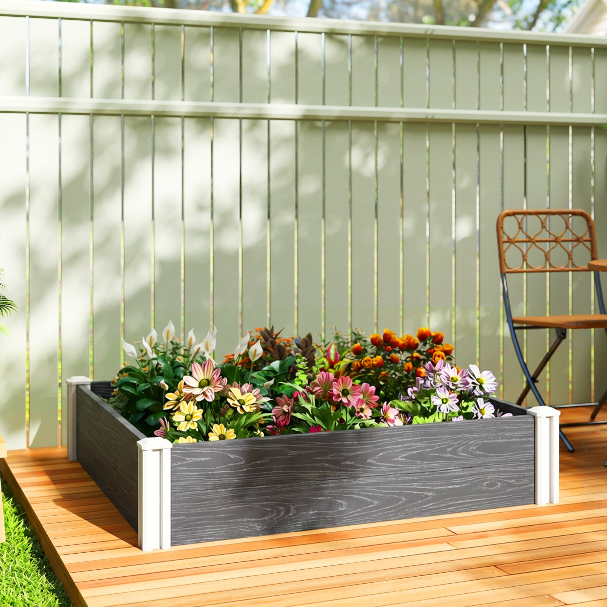 Outsunny Vinyl Raised Garden Bed Kit, 3 x 3 x 1ft Modular Elevated Garden Box with Slotting Legs and Open Bottom, Dark Grey