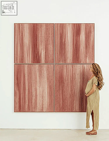 A large four-panel walburga wall art with textured reddish-brown wood grain finish perfect as a wall art background