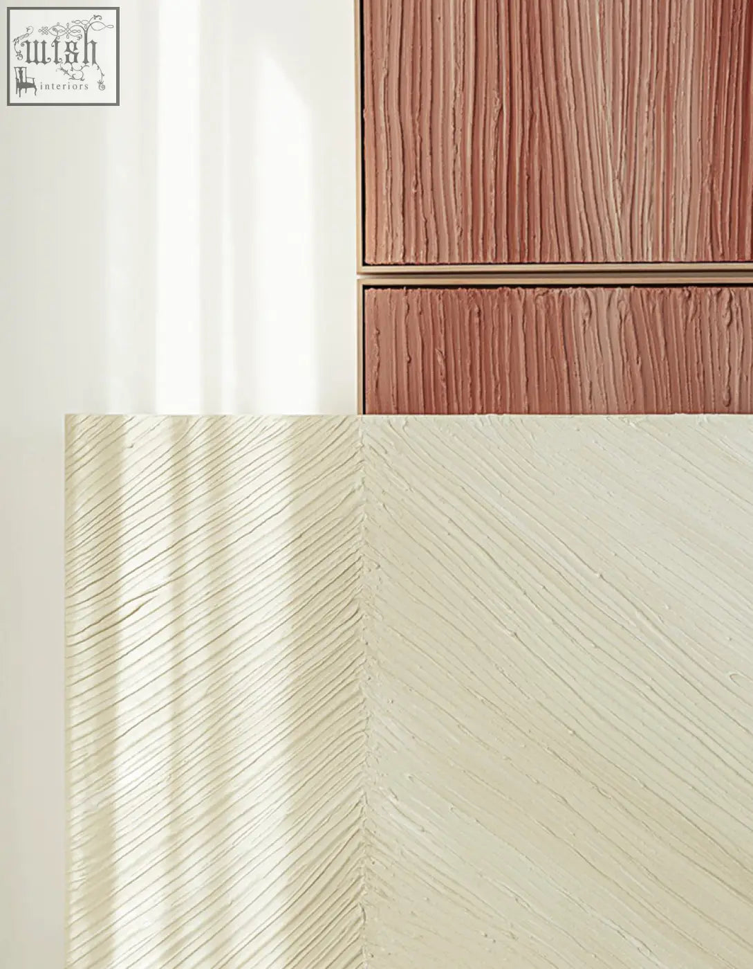 Modern cabinet with textured vertical ridges in warm terracotta and creamy off-white for walburga wall art background with low shipping cost