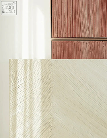 Modern cabinet with textured vertical ridges in warm terracotta and creamy off-white for walburga wall art background with low shipping cost