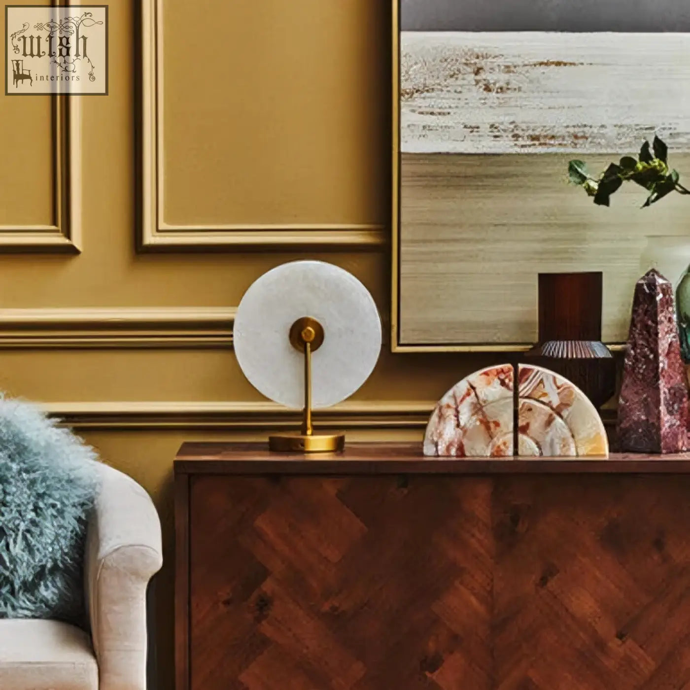 Waldorf white marble table lamp with a circular design and gold finish base perfect for stylish lighting
