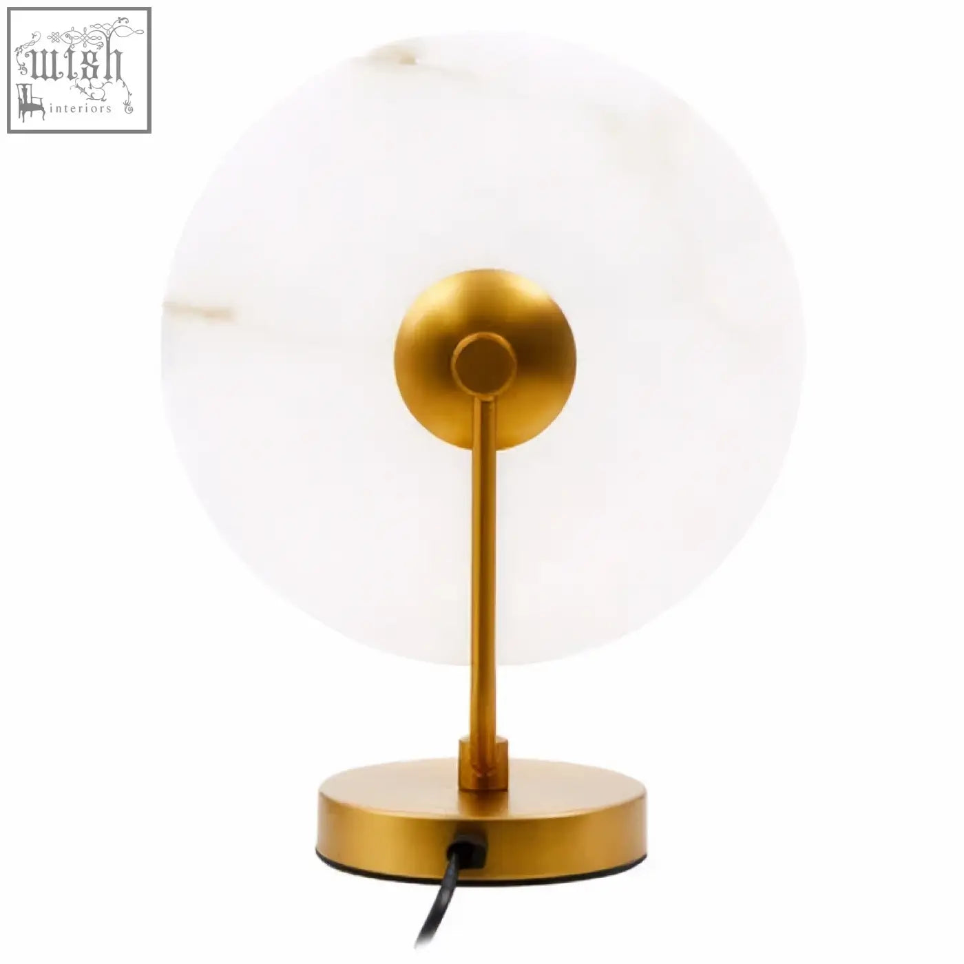 Gold-toned marble table lamp with a circular glass shade and sleek metallic base perfect for elegant decor
