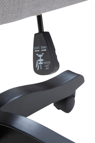 Black plastic height adjustment lever with lift up and lower down arrows on walford grey home office chair