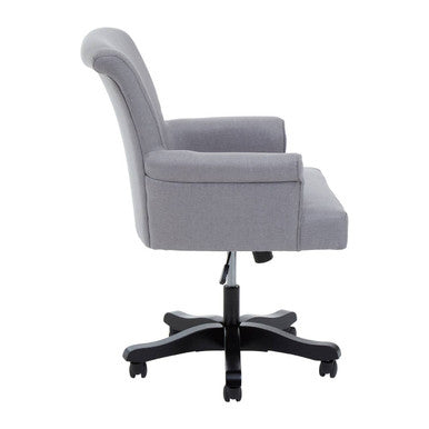 Walford grey home office chair with gray upholstered curved backrest armrests and black casters for home office use