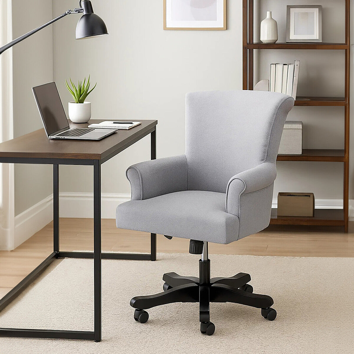 Walford grey home office chair with light gray upholstery black casters and five-star base for home office use