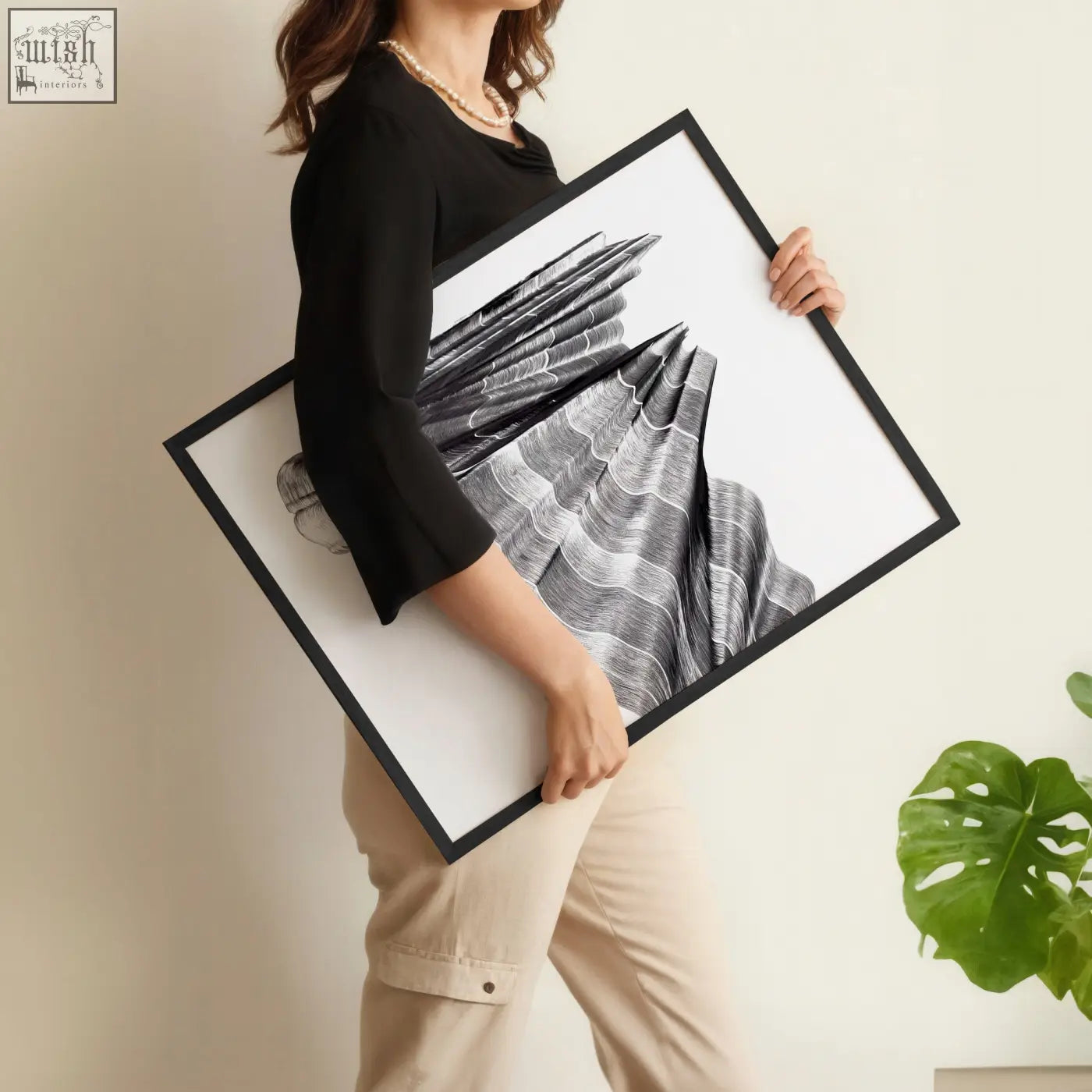 Black-framed wall abstract painting set featuring layered grayscale line art on white background minimalist style