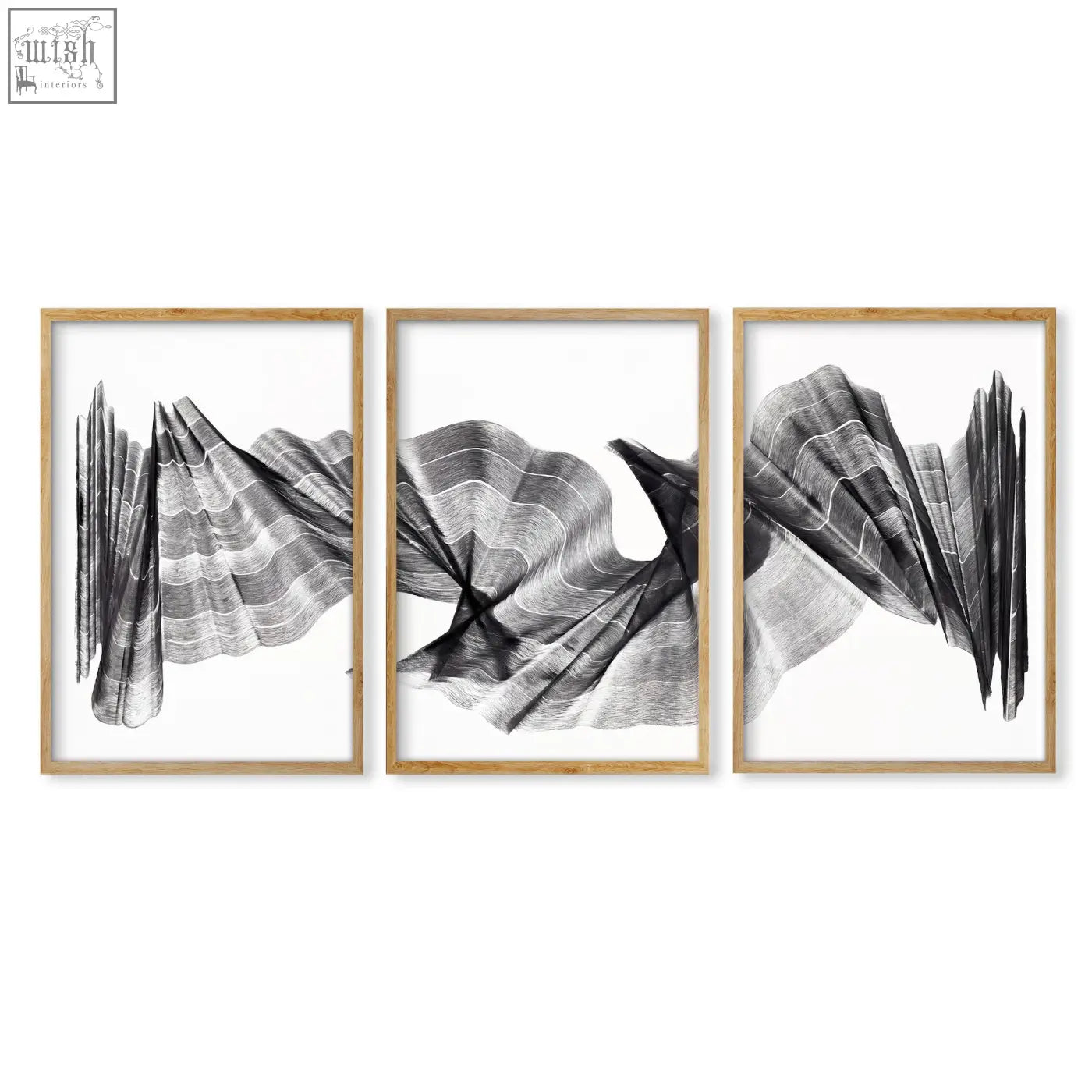 Set of three framed black and white wall abstract paintings with flowing wave line art in light wood frames
